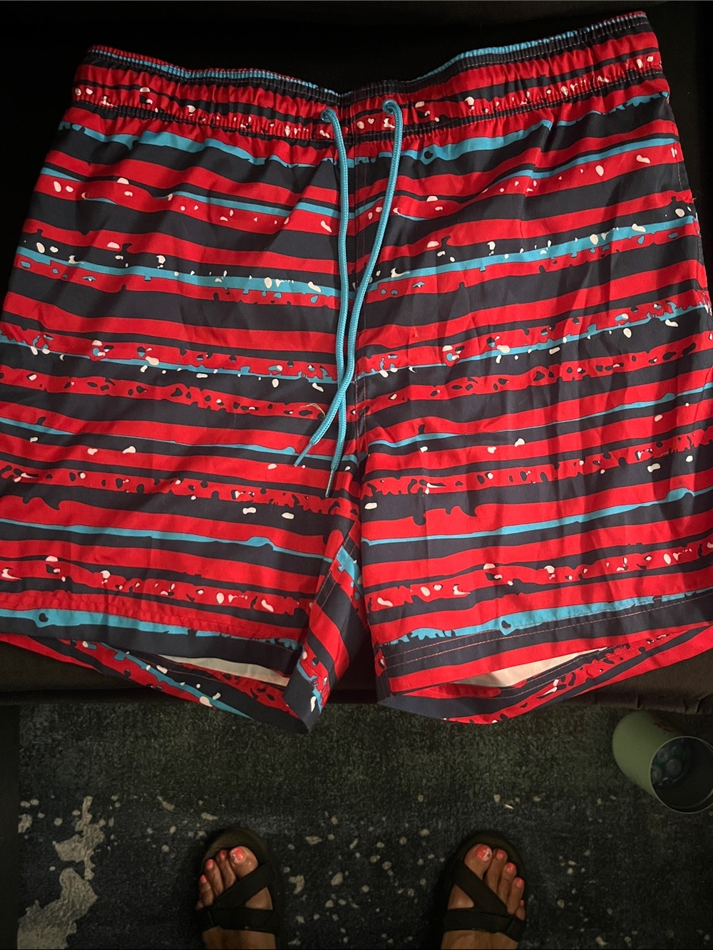 George Red and Teal Striped Swim Trunks